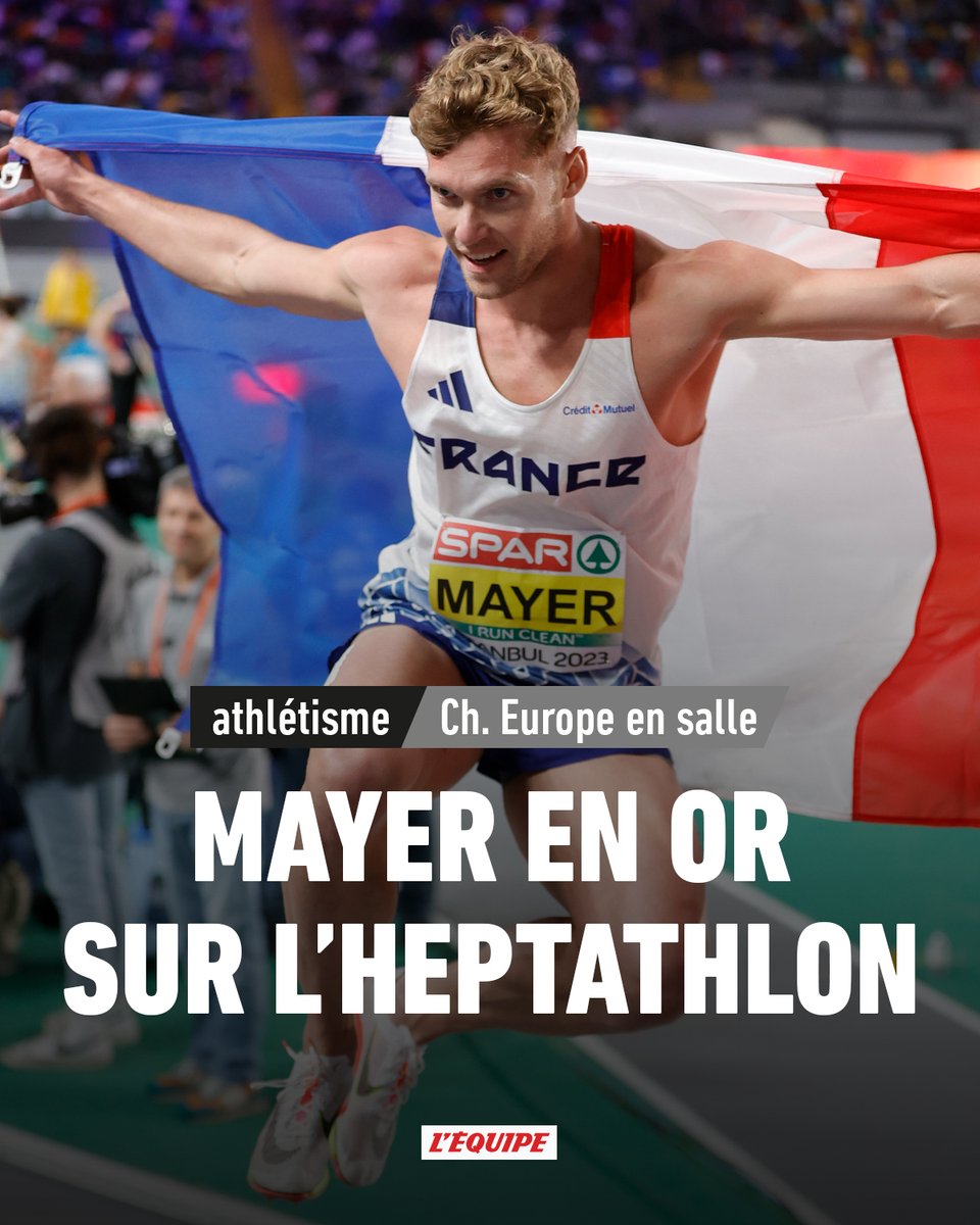 lequipe's tweet photo. Poussé dans ses retranchements sur le 1 000 m par le jeune Norvégien Sander Skotheim, Kevin Mayer a remporté son troisième titre de champion d'Europe en salle de l'heptathlon à Istanbul. https://t.co/iGXfxCXaxV https://t.co/l7Lmnk3945