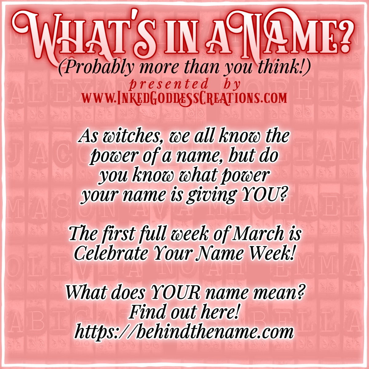 inkedgoddesshop's tweet photo. The first full week in March is #CelebrateYourNameWeek!
Today is #NamesakeDay! Were you named after someone? Are they a family member or a celebrity? Perhaps you were named after a place, an event, or something else. Let us know how you got your name!
https://t.co/fVAcEmJYjH https://t.co/jqEQrkvPOc