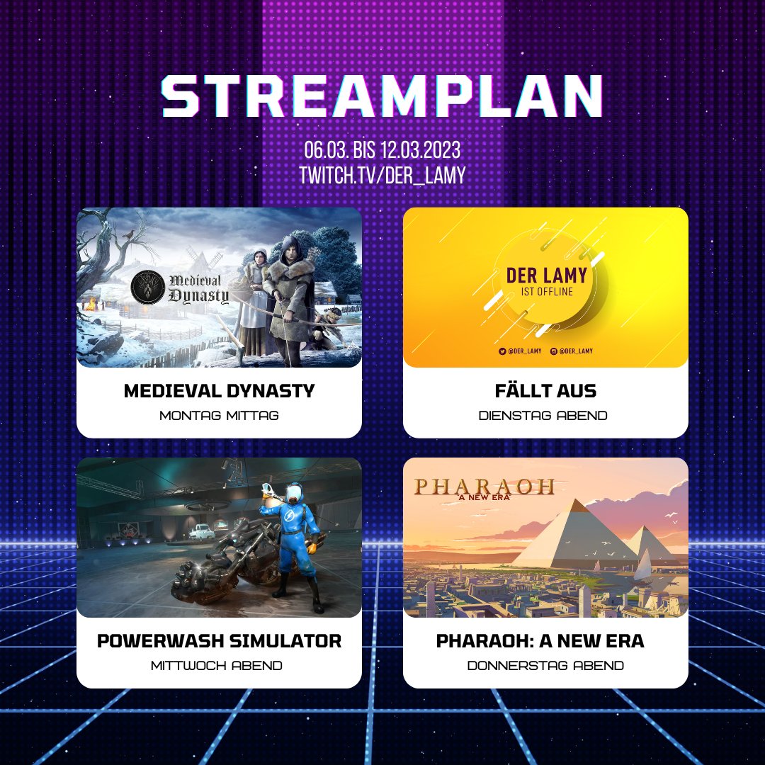 🗓️Streamplan vom 06.03. bis 12.03.2023

Montag geht es mit Medieval Dynasty weiter und am Donnerstag Pharaoh. 
Mittwoch spielen wir das PowerWash Simulator Midgar Spezial! Freu mich schon drauf!

💜 twitch.tv/der_lamy

👾 #twitch #stream #gamingsociety #twitchde