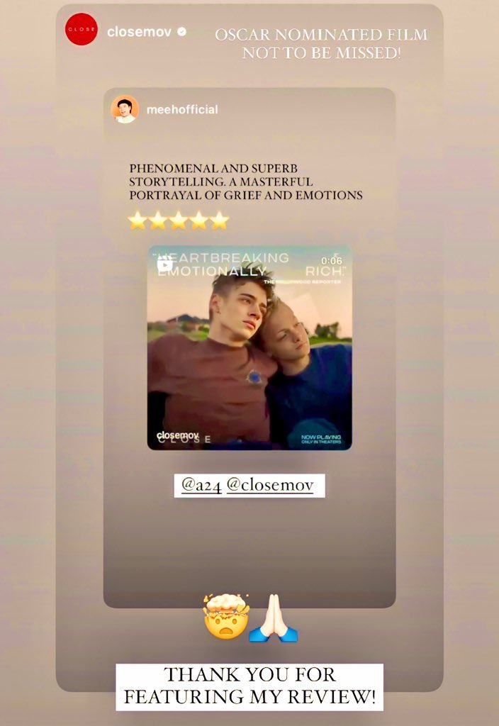 bearwithmedaily's tweet image. เมื่อวานมีโอกาสไปดูหนังเรื่อง “Close” ซึ่งเป็น Oscar Nominated Film เข้าชิงรางวัลออสการ์สาขา “Best International Feature Film” 🏆

ดูจบแล้วได้แต่นั่งนิ่งน้ำตาไหล เข้าใจแล้วทำไมได้เข้าชิง เลยลงรีวิวในสตอรี่ แต่ไม่คิดเลยว่าทางอฟชเค้าจะเอาไปรีต่อ! 🫠🙏🏻

#CloseMovie #พี่หมีรีแอค 🧸