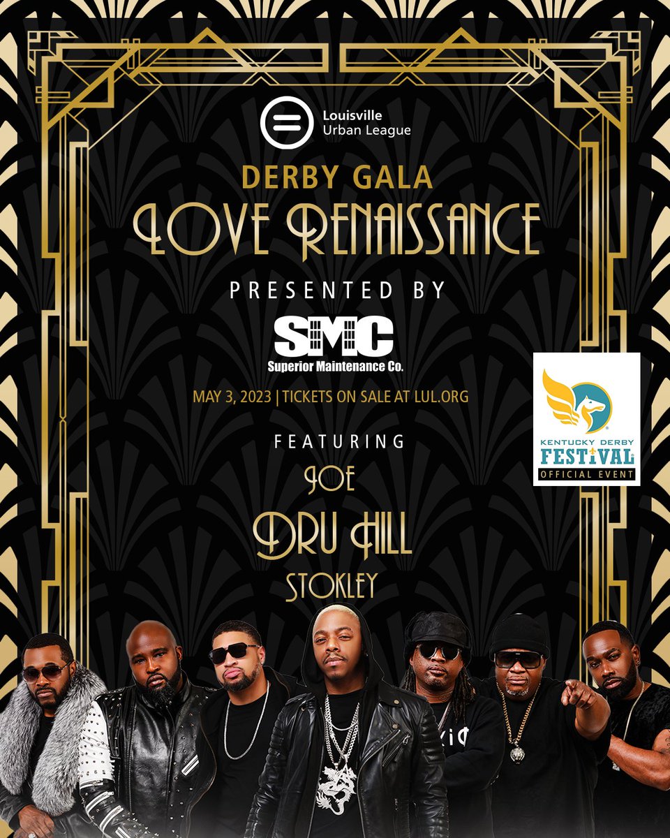 LouisvilleUL's tweet photo. Tickets on sale now for the Derby Gala Love Renaissance ft Joe, Dru Hill, and Stokley https://t.co/1ET6EAkBjv #LULGala23 https://t.co/BmTcZGdKLF