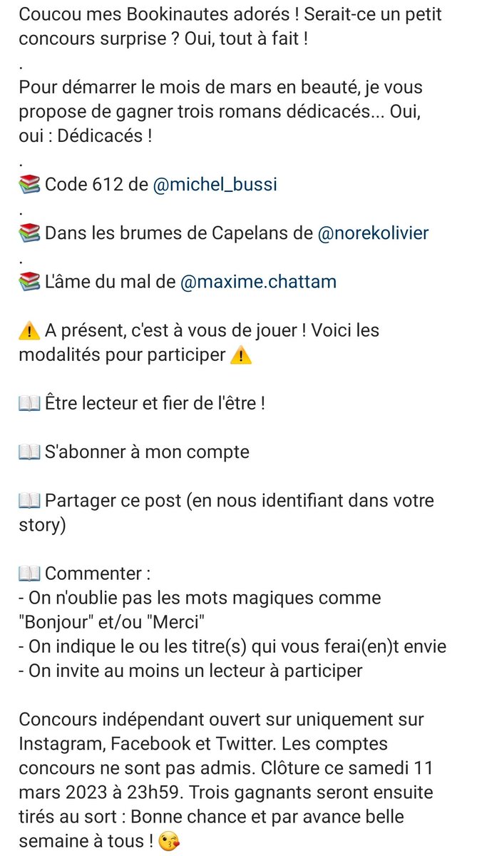 •CONCOURS•

Coucou mes Bookinautes adorés ! Serait-ce un concours surprise ? Oui tout à fait !😁

Pour démarrer mars en beauté, je vous propose de gagner trois romans... Dédicacés !

Détails et modalités de participation en images, clôture ce 11 mars à 23h59 : Bonne chance !😘