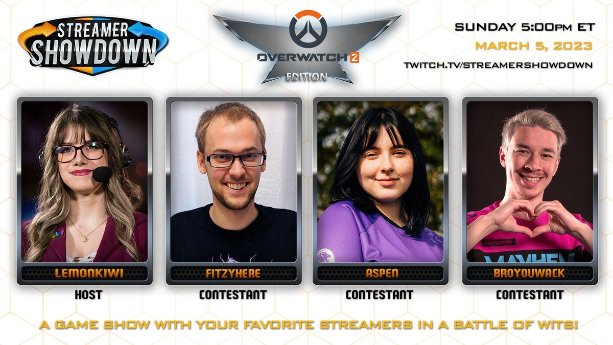 It's show day!! Tune in at 5:00 pm ET as <a href="/LemonKiwi_/">Jen 🍋 LemonKiwi</a> hosts  <a href="/Fitzyhere/">Fitzyhere</a> <a href="/Aspen_OW/">Aspen</a> and <a href="/BroYouWack/">BRO YOU WACK</a> as they battle it out to see who has the biggest #OW2 brain and will be a Streamer Showdown champ.