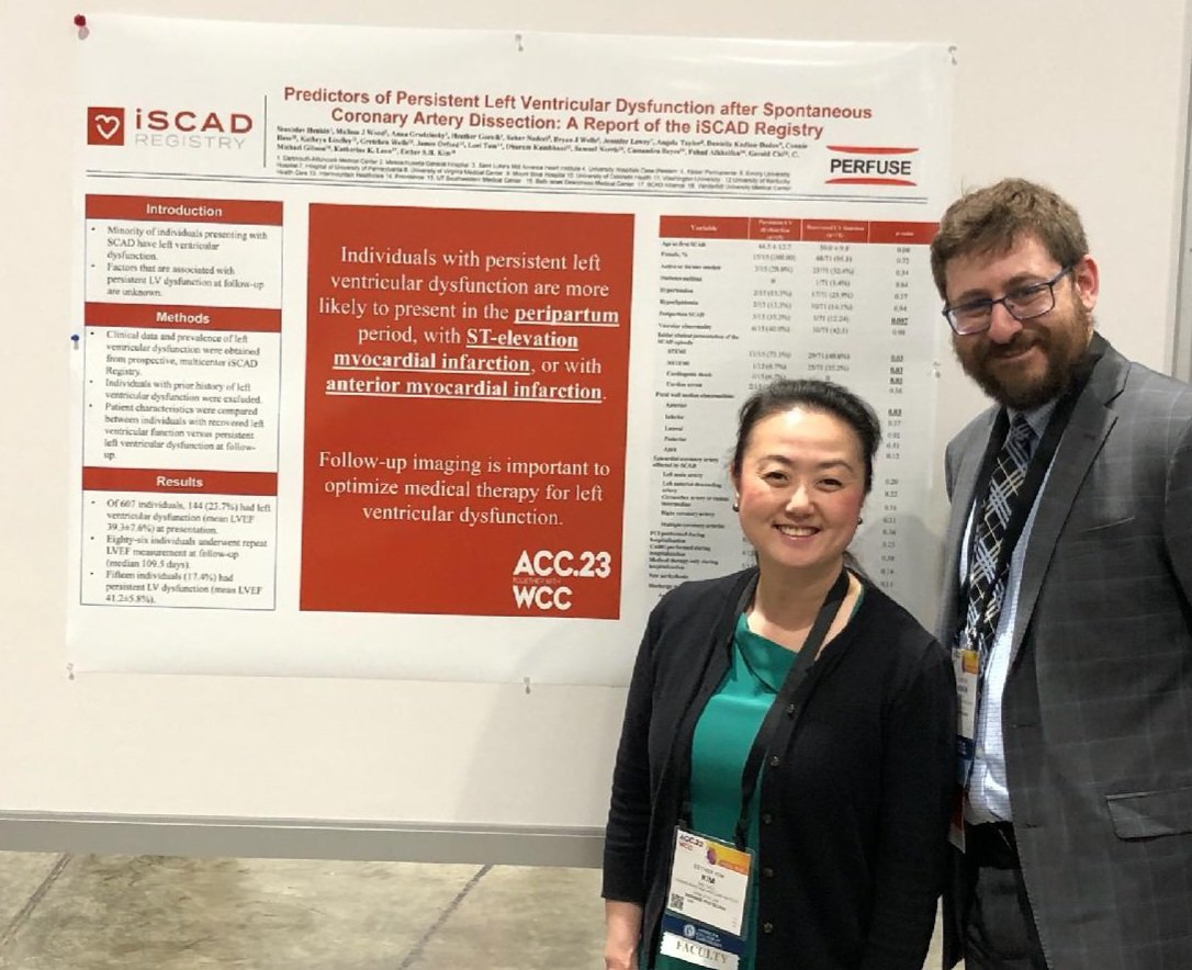 Those with #peripartum or #STEMI #SCAD and #LV dysfunction are more likely to have persistent #LV dysfunction. It's important to have follow-up imaging! Thankful for mentorship from <a href="/EstherSHKimMD/">Esther Kim</a> and <a href="/iSCADregistry/">iSCADregistry</a> team! #ACC23 <a href="/DHHeartVascular/">Dartmouth Health Heart and Vascular Center</a> <a href="/drmalissawood/">Malissa Wood</a> <a href="/CMichaelGibson/">C. Michael Gibson MD</a>