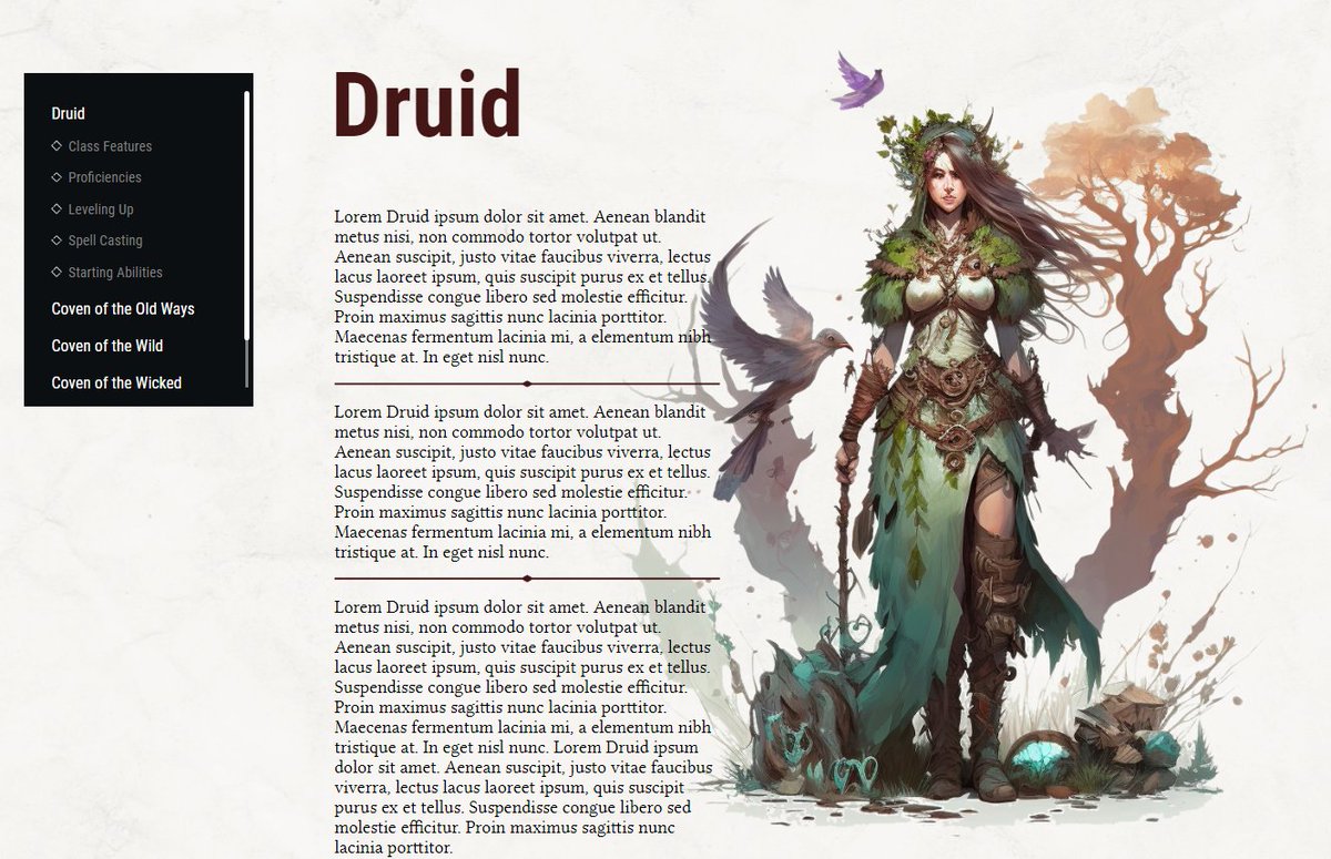 Druids in Call of Heroes are designed by covens: Coven of the Wicked, Coven of the Old Ways, etc.
They resemble Celtic druids.

Check them out here: callofheroesrpg.github.io

#dungeonsanddragons #rpg #tabletopgames #ttrpg #5e #dnd5e #onednd #ttrpgcommunity #gamenight #pathfinder
