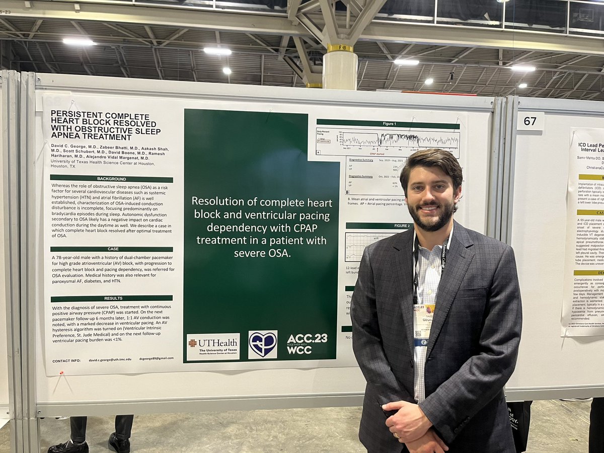 EGarciaSayan's tweet photo. Great work by @UTHCardiology @UTHEPHEART EP #ACCFIT fellow Dr. Chris George presenting an unusual case of complete heart block and V-pacing dependency with initiation of CPAP for OSA. 
👉Highlights the importance of OSA screening in patients with bradyarrhythmias and AV block. https://t.co/9bipp7WWc3