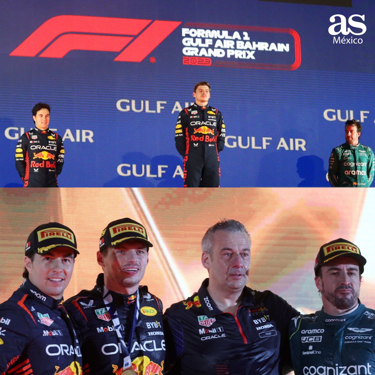 ASMexico's tweet photo. El primer podio de la temporada 2023 🏁🏆😍

¡Qué orgullo ver a 'Checo' Pérez! 🇲🇽🙌🔝

#BahrainGP https://t.co/cKCBlCyGEP