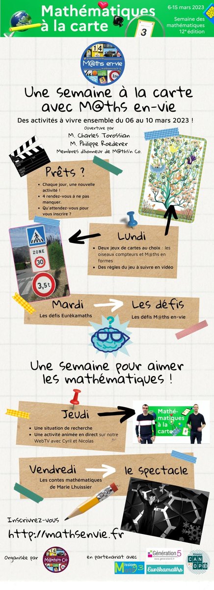mathsenvie's tweet photo. 📢 À tous les participants de notre semaine des mathématiques...

✅  À noter l'inversion des activités du mardi et du jeudi ! Comptant sur votre compréhension.

▶️ Toutes les ressources sont désormais accessibles ici (sur inscription) : https://t.co/XAheBRMdzp https://t.co/Clz2pWxLjt