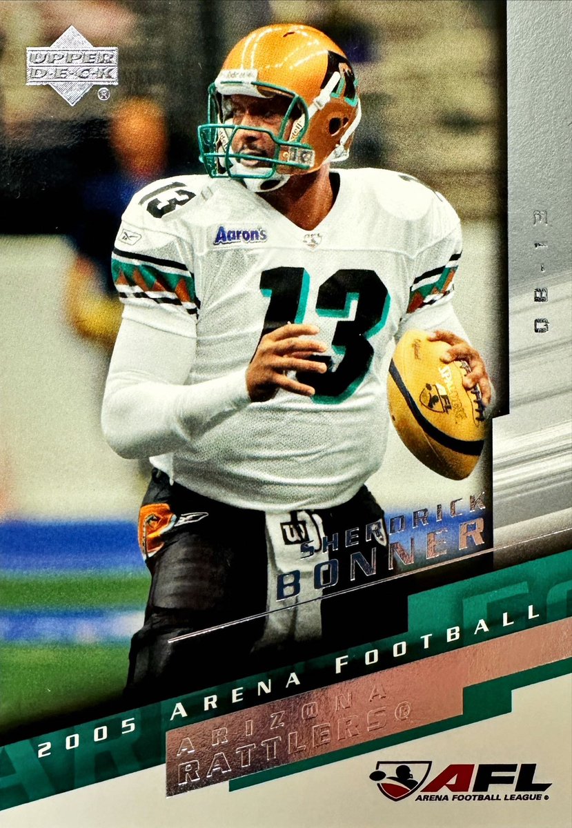 AFLTradingCards's tweet photo. Played 14 seasons for #ArizonaRattlers &amp; 1 for #ChicagoRush. When this card printed, ranked 3rd in League history in passing TDs, passing yards, pass attempts &amp; 2nd in completions.

Sherdrick Bonner #ArizonaRattlers - 2005 #UpperDeck #AFL #3

#AFLCards #ArenaFootball https://t.co/jnXJvtxeAg