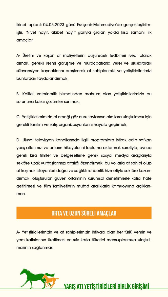 Y_A_Y_B's tweet photo. Yarış atı yetiştiricileri birlik girişimi olarak aşağıda arz ettiğimiz ‘Kuruluş Deklarasyonumuzu’ çok kıymetli atçılık kamuoyuna saygıyla duyururuz! https://t.co/k1g8CbJzJE