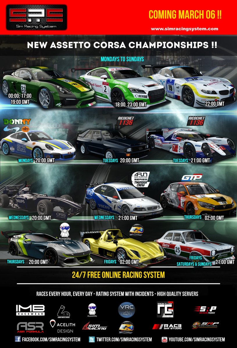 SimRacingSystem's tweet photo. New #assettocorsa champs at #simracingsystem starting March 6!! Daily GT3, AudiTT Cup& Porsche GT4 and more with @AussieStig_ @prosimracingtv @gtpanama @Ricochet1136 https://t.co/VTt9HqTiLx https://t.co/6KVl7QAD6E