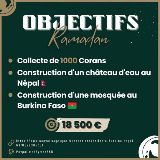 HOOUUDINI's tweet photo. ✨▫️𝗣𝗥𝗢𝗝𝗘𝗧 𝗥𝗔𝗠𝗔𝗗𝗔𝗡▫️✨

Salam Aleykum !

Pour ce mois de Ramadan, nous avons 3 objectifs de cagnotte pour un total de 18.500 €. 🕌💧

🔗: https://t.co/MCUHGw1kPn…

Paypal : https://t.co/TIl3l9TWr1

🔁 N'hésitez pas à partager, qu'Allah accepte nos efforts. ❤️ https://t.co/spoIbOj1xP