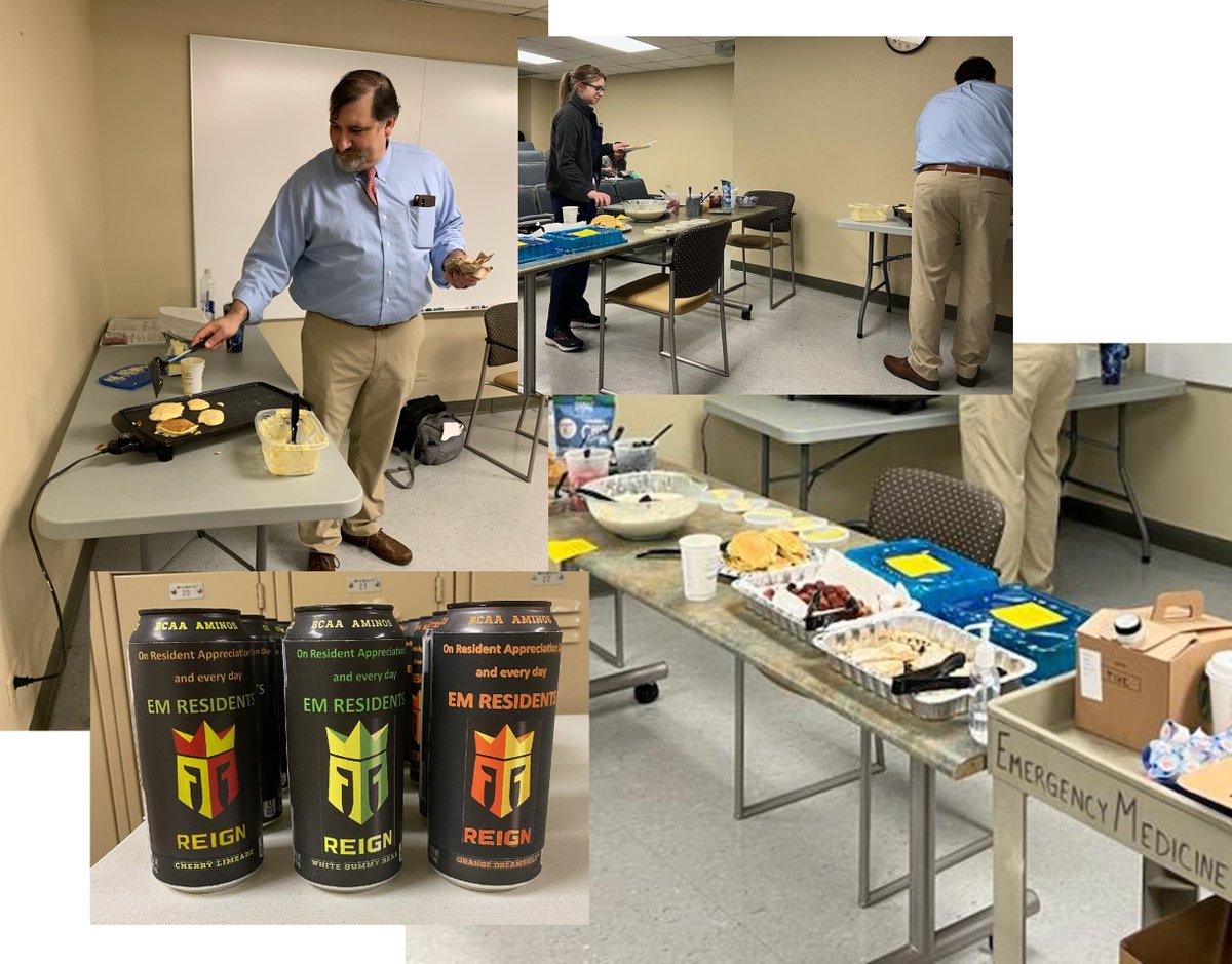 SouthEmergency's tweet photo. This past Wednesday was EM Resident Appreciation Day!  We celebrated by having the attendings cook breakfast for the residents (Dr. Garri, one of our APDs, manning the griddle).  Thanks to all our Residents for all the time and effort you put into caring for our patients! https://t.co/n7CIoSZclh