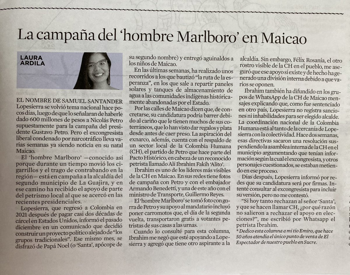 Tatta25's tweet image. Y en todo este escándalo por las declaraciones de Day, hay un asunto que se iba quedando de lado y lo cuenta hoy @Lardila83 en @elespectador: Lopesierra lleva semanas haciendo campaña a la Alcaldía de Maicao con el respaldo de un sector de la Colombia Humana 👇🏼