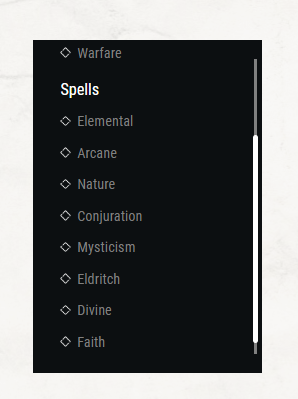 All the Spell Schools in the game. There is also Bloodshed and Warfare, which are schools for non-spellcasters.

Like, why doesn't D&amp;D have ability lists for non-casters??
callofheroesrpg.github.io

#dungeonsanddragons #rpg #tabletopgames #ttrpg #5e #dnd5e #onednd #ttrpgcommunity