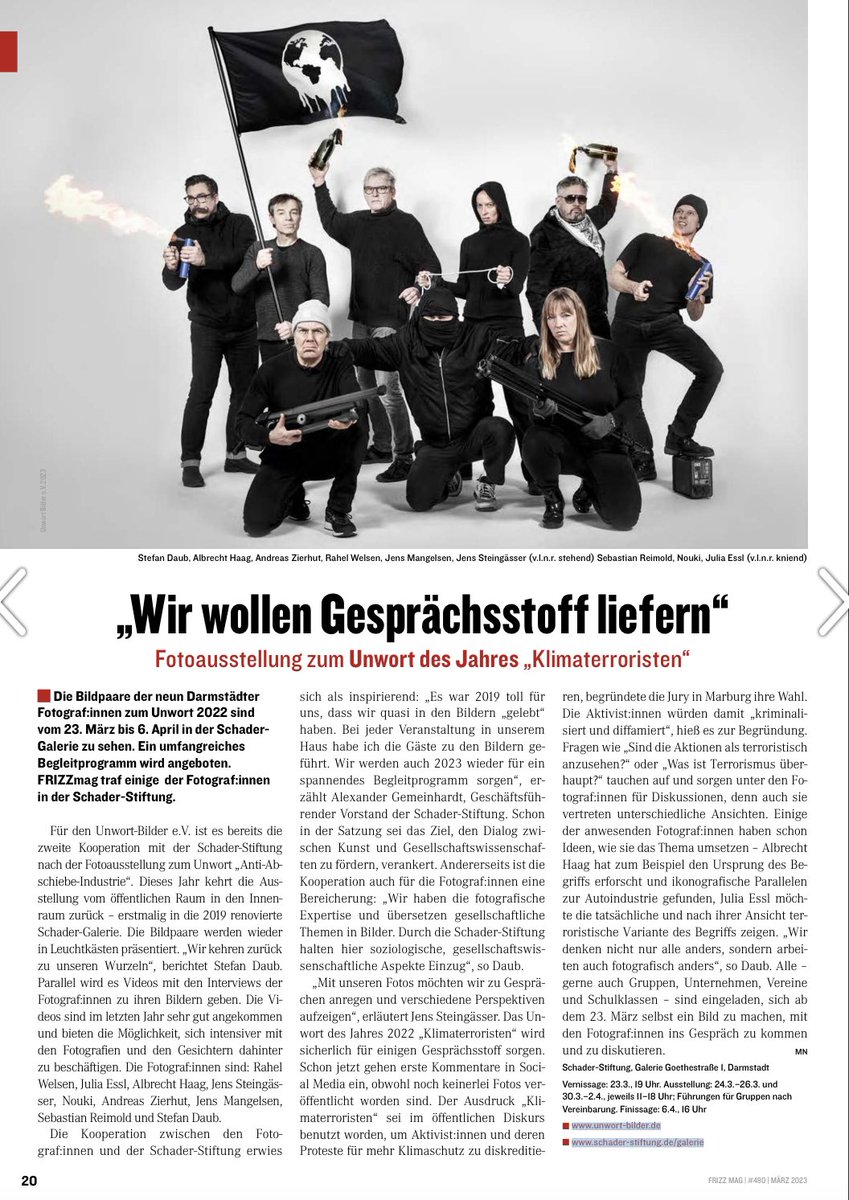 Schader-Stiftung (@schaderstiftung) on Twitter photo Zum zweiten Mal stellen die <a href="/unwortbilder/">Unwort Bilder</a>-Fotograf*innen in Kooperation mit der #Schader-Stiftung aus. Am 23. März ist Vernissage für die #Klimaterroristen in der #Schader-Galerie und Auftakt zum Rahmenprogramm. schader-stiftung.de/unwort
Mehr im <a href="/FRIZZmag/">FRIZZ Magazin & Online-Portal</a>: issuu.com/frizz-magazin-… Zum zweiten Mal stellen die <a href="/unwortbilder/">Unwort Bilder</a>-Fotograf*innen in Kooperation mit der #Schader-Stiftung aus. Am 23. März ist Vernissage für die #Klimaterroristen in der #Schader-Galerie und Auftakt zum Rahmenprogramm. schader-stiftung.de/unwort
Mehr im <a href="/FRIZZmag/">FRIZZ Magazin & Online-Portal</a>: issuu.com/frizz-magazin-…