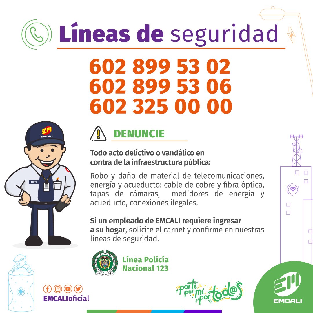 AYÚDENOS: Reporte cualquier robo  o daño de la infraestructura de servicios públicos a las líneas  ☎️ (602) 325 00 00 - (602)  899 53 06 - (602) 899 53 02.
