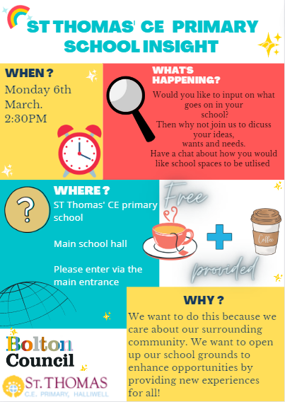 CFDemiLeigh6's tweet image. A friendly reminder everyone ...that tomorrow is ST Thomas' CE primary schools insight at 2:30PM :D 
-Main school hall

Please feel free to help your self to a brew and a biscuit, as you discuss what you would like to see 
take place at the school. 
&amp;gt; &amp;gt; &amp;gt; &amp;gt; &amp;gt;
#LKBM #openschool