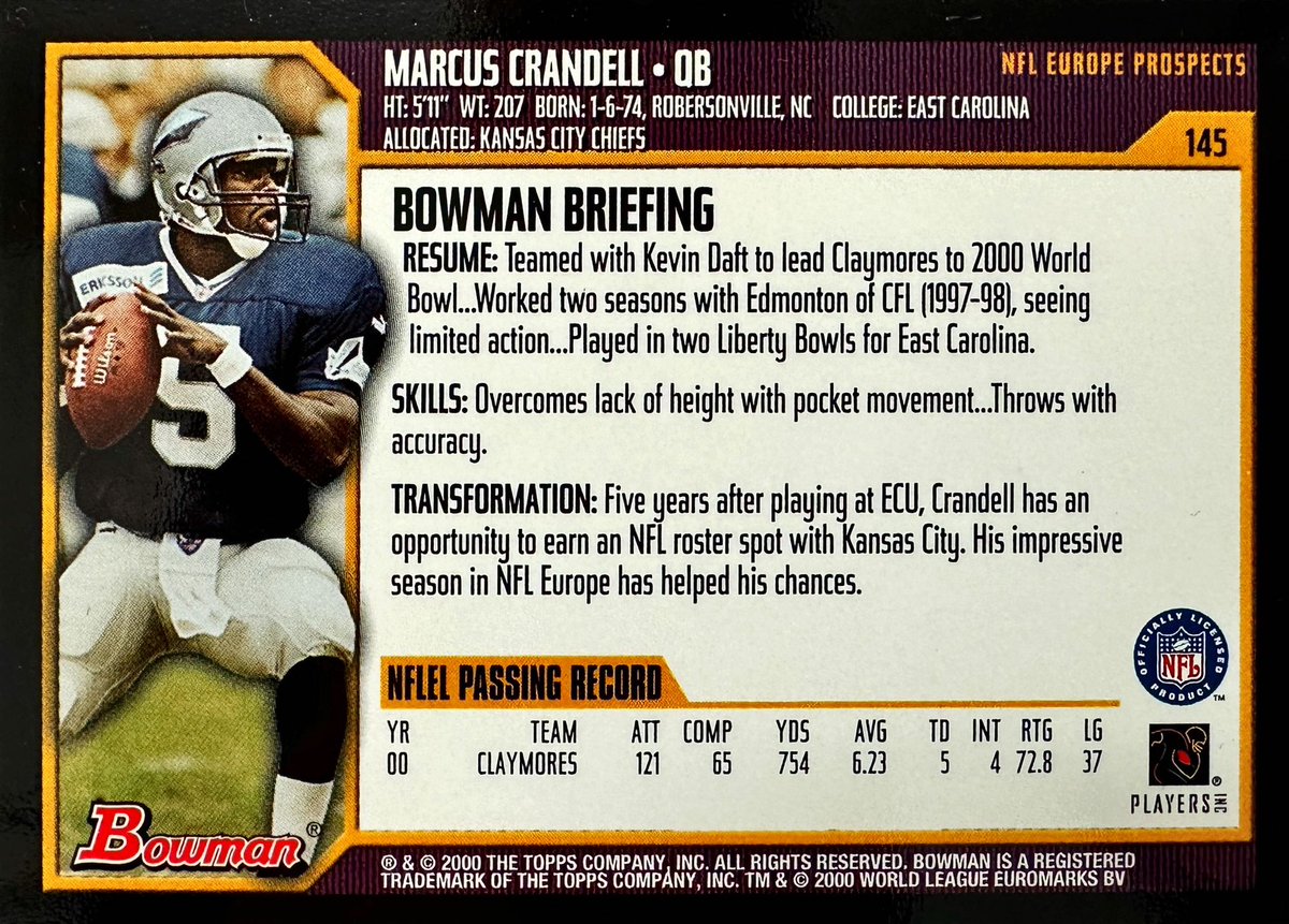 NFLECards's tweet photo. Played in #NFLEurope (2000), #CFL (1997-2008), &amp; #XFL (2001). #GreyCup MVP with #CalgaryStampeders.  Coached in #CFL for #Edmonton, #Ottawa, &amp; #Saskatchewan. 

Marcus Crandell #ScottishClaymores - 2000 #Bowman #145

#NFLECards #NFL #Football #TradingCards #NFLE https://t.co/yl1ZSNVxuz