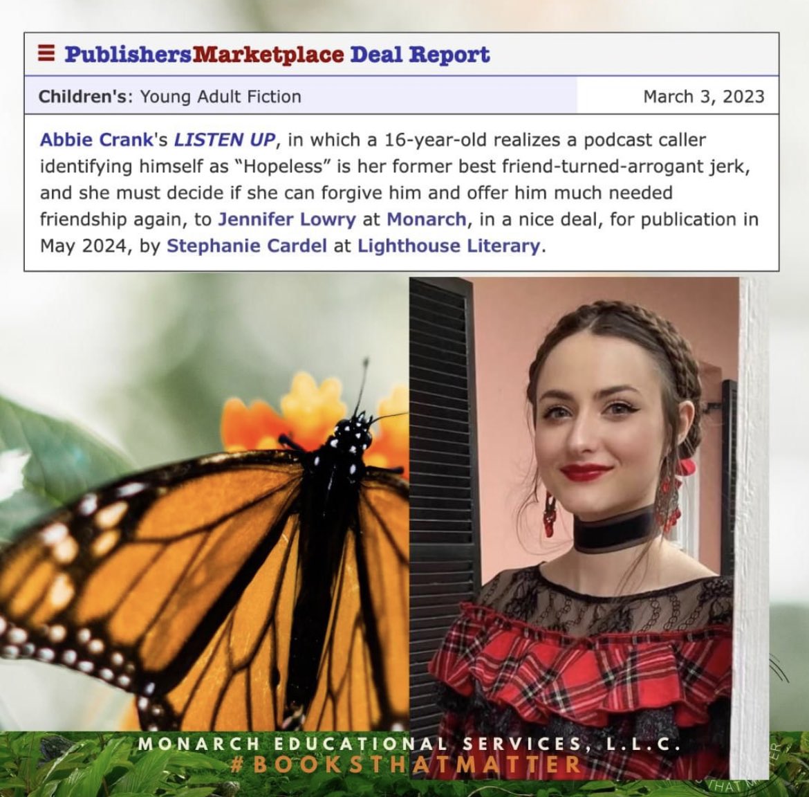 Abbie Crank's LISTEN UP announcement is on the scene! Welcome to Monarch! 🦋💜🦋

#sweetromance #cleanreadsforteens #yaromance #musicislife