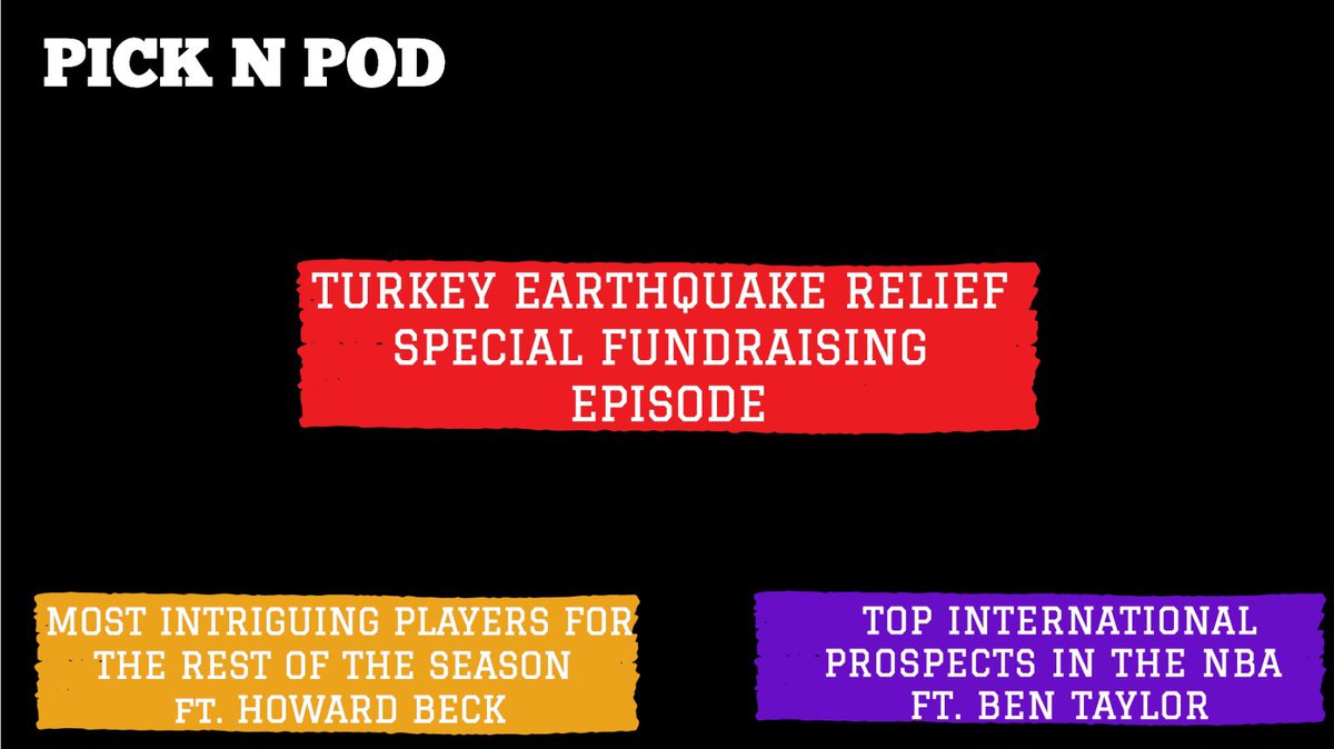 picknpod's tweet photo. Turkey Earthquake Fundraising Special with Howard Beck and Ben Taylor

🎙️TODAY - 3:45 PM ET

Discussing top international prospects in the NBA w/ @ElGee35 

+ most intriguing players for rest of the season w/ @HowardBeck 

Join us today &amp; please donate‼️ https://t.co/Lhpp86Bgjn