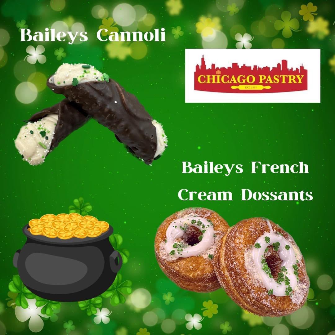Baileys Cannoli and Dossants are back. Come get them before they’re gone!☘️🌈 #chicagopastry #chicagopastrybloomingdale #bloomingdaleillinois #bakery #illinoisfoodies #stpatricksday #baileys #irish #chirish #cannoli #italianbakery