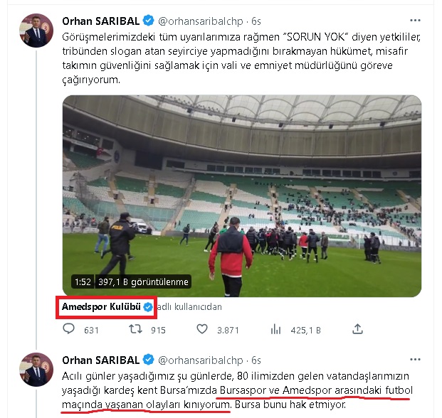 Kıymetli Bursa Kamuoyu.
Bu Orhan Sarıbal denilen adam CHP Bursa Milletvekili. 
Kendisi #Amedspor sayfasından alıntı yaparak Bursa'da maç içinde yaşanan olayları kınıyor.
Peki sen Diyarbakır'da yaşanan olayları kınadın mı be adam? Senin de CANIN CEHENNEME. 
#Bursaspor #Teksas