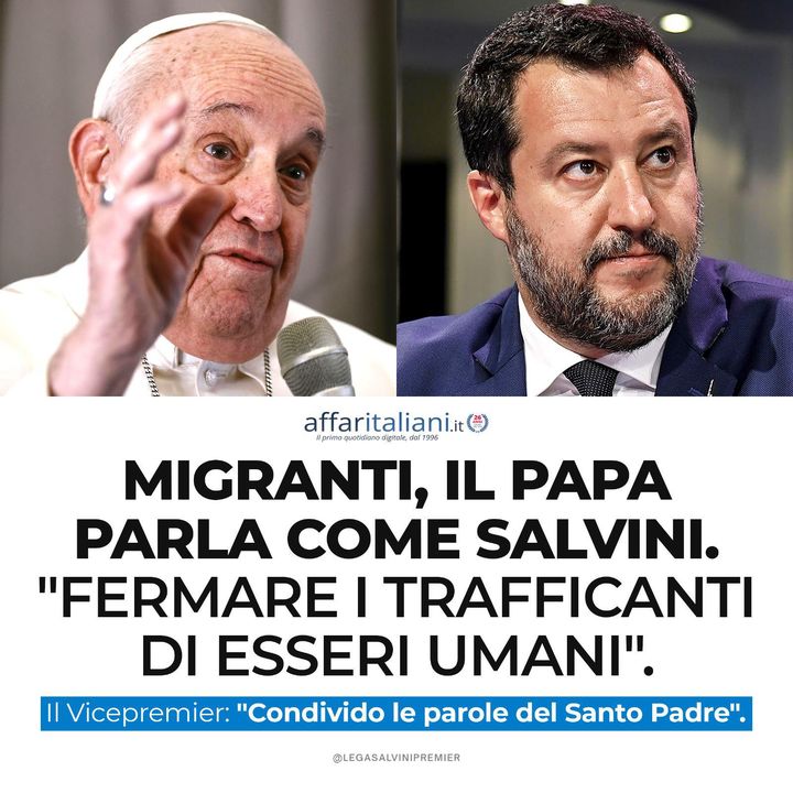LegaSalvini's tweet photo. Migranti, il Papa parla come #Salvini. "Fermare i trafficanti di esseri umani". https://t.co/Z585246u4m