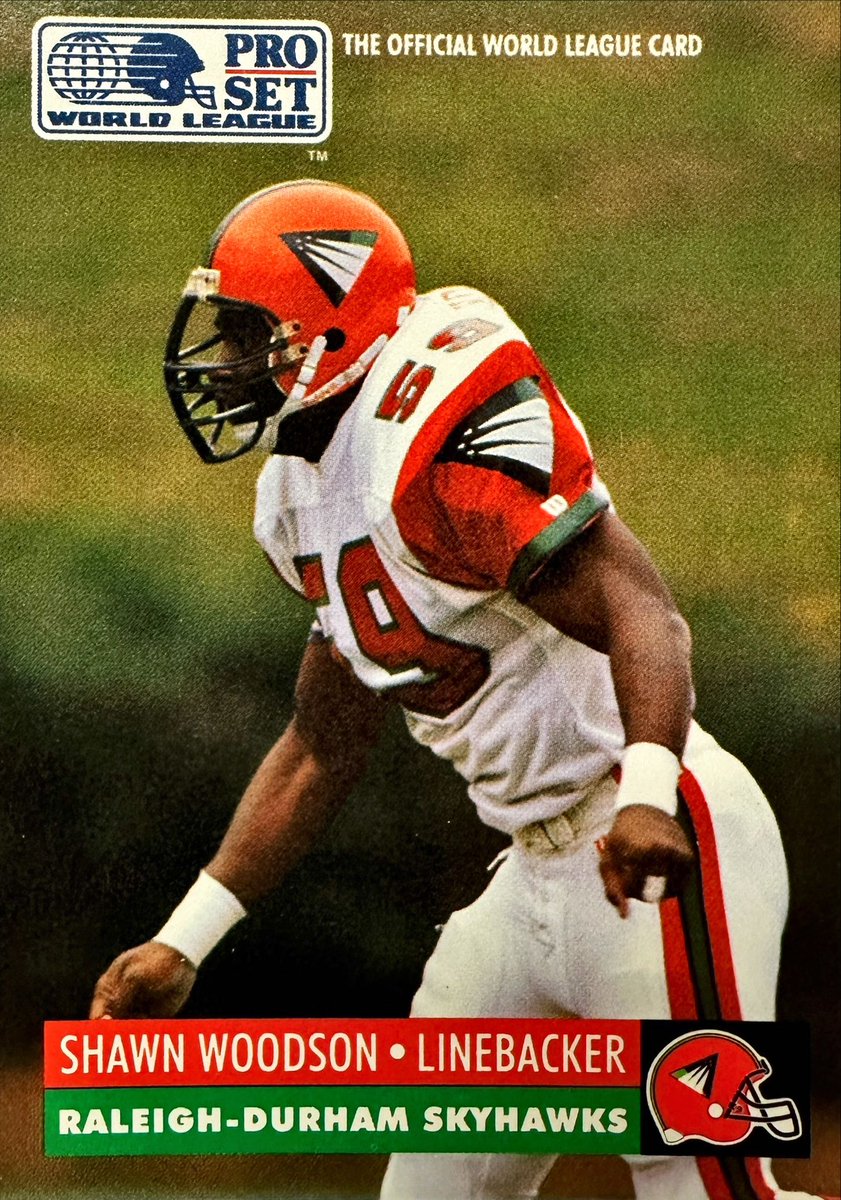 WLAFCards's tweet photo. Finished 2nd among Skyhawks in 1991 with 65 tackles, added 3.5 sacks and 3 QB hurries. Played with #CFL #TorontoArgonauts; logged 1 tackle.

Shawn Woodson #RaleighDurhamSkyhawks - 1991 #ProSet #WLAF #130

#WorldLeagueOfAmericanFootball #WLAFCards #Football #TradingCards https://t.co/IMxkjjJT1r