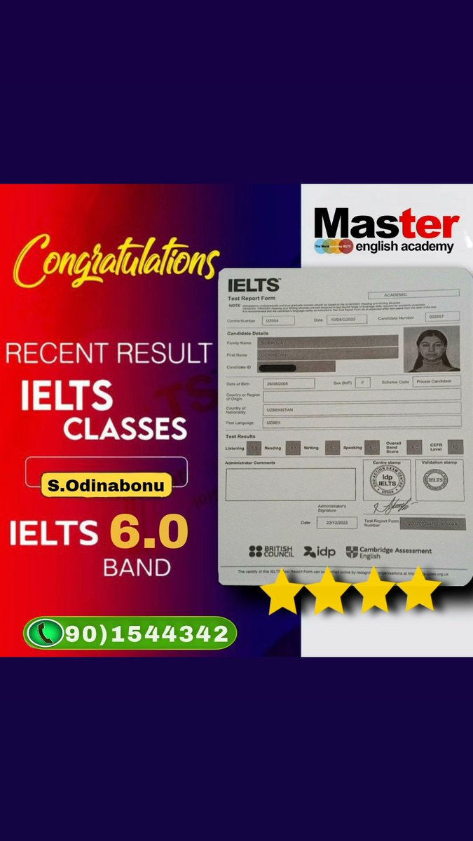 chustmaster's tweet photo. Chustmaster  / M.E.A 
Overall : 6.0  #IELTS  #results 
S.Odinabonu 
#chustmaster #uzb #idp https://t.co/4KLSSHwsPw