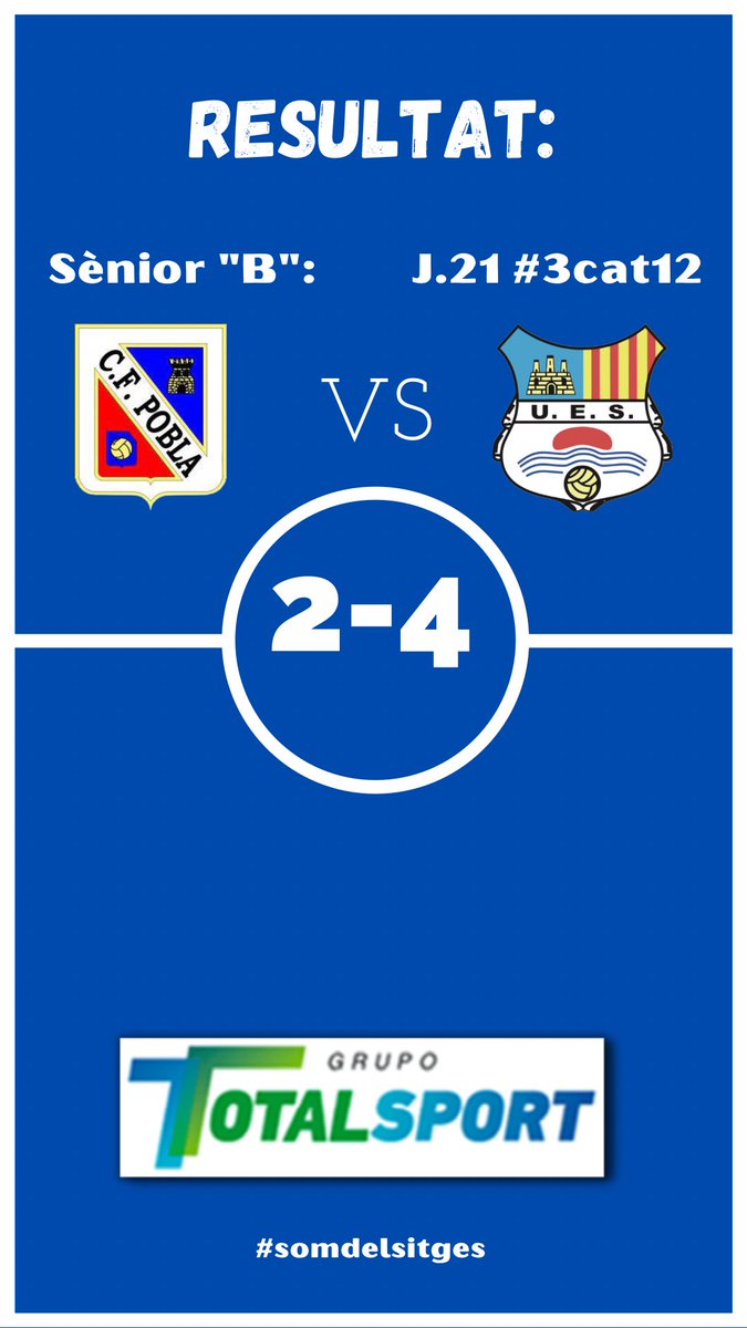⚽️ RESULTAT ⚽️

El Sènior “B” també guanya el seu partit a domicili per 2-4 🆚 @cfpobla.
Seguim! 💪🏼
Gols: Gerard F, Riera, Hugo i Josep.

#somdelsitges