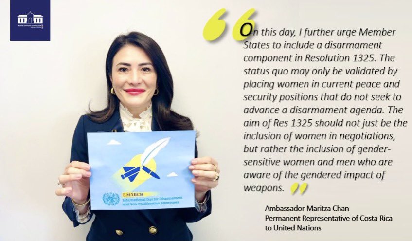 MaritzaChanV's tweet photo. On this day, I further urge Member States to include a disarmament component in Resolution 1325. 

Res 1325 should not just be the inclusion of women in negotiations, but rather the inclusion of gender-sensitive women &amp; men who are aware of the gendered impact of weapons.

#IDDNP https://t.co/M0vZ3knTbr
