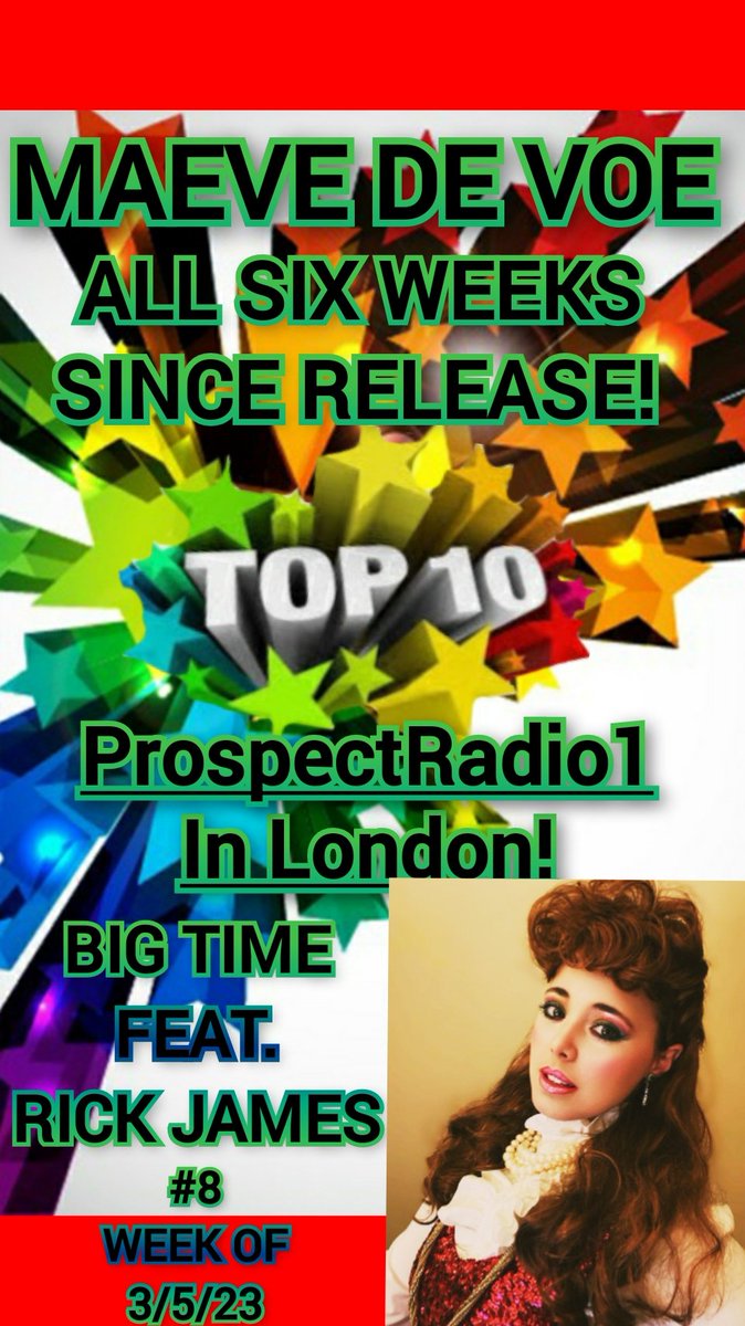 author_stewart's tweet image. YES! ALL 6 WEEKS IN THE #TOP10 on @ProspectRadio1 #london for @MaeveDeVoe making this her 28th week, 6 months worth of #top20hits since May '22 #PopStar #GenZ #indieartist #dancehit #bigtime w/h #rickjames @realListige @rtItBot #subscribe to her #youtubechannel for #HitSongs #new