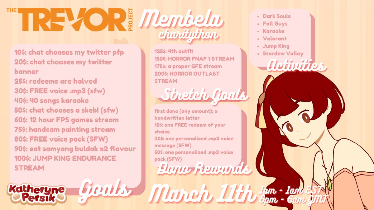 PersikKatheryne's tweet photo. I am happy to announce my first ever charity stream: Membela Charitython!

This is a 12-hour long charity stream starting from March 11th 6pm GMT/1pm EST.

All proceeds will go towards the Trevor Project!

#VTuber #ENVTuber #VTuberUprising https://t.co/NOKMevtWlv