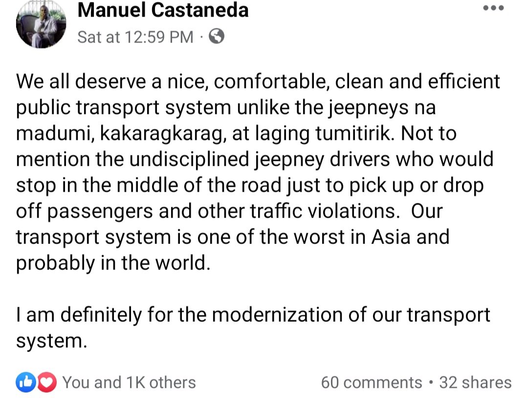 n4n4daim3's tweet photo. Agree 💯 direk Manny Castañeda 👍🏻
Yes to eco-friendly and comfortable PUV's for commuters.
#YEStoJeepneyPhaseout
#YEStoPUVModernization
(with financing assistance)
@DOTrPH @ltfrbph @MMDA @opgovph @bongbongmarcos https://t.co/KNBAXwDBv0