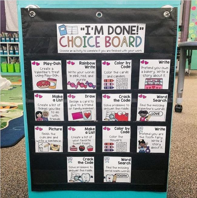MissEmmaB_'s tweet photo. Love the idea of an “I’m done” choice board! It gives fast finishers an idea of what to do next. Using this instead of giving fast finishers their next assignment can also encourage them to take their time rather than trying to get all of their future work done. @PJLanguageArts https://t.co/MBW7eBL9J1