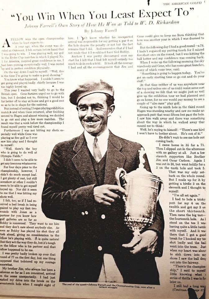 In this American Golfer article Johnny talks about his US Open win... but did you know he ALSO had 27 runner-up finishes in addition to his 27 pro wins?  1929 he was second in the PGA Championship AND The Open.