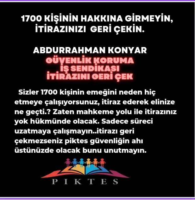 1700 kişinin hakkına girmeyin.
İtirazınızı geri çekin.
@konyar79 
<a href="/Guvenlik_is/">Güvenlik-İş Sendikası</a> <a href="/turkiskonf/">TÜRK-İŞ</a>