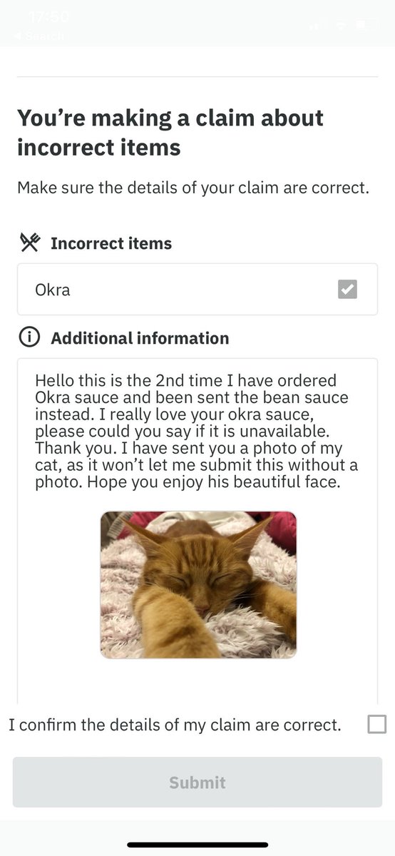 When the <a href="/Deliveroo/">Deliveroo</a> app #UX forces my wife to add a photo regarding an order issue … #cat #CatsOfTwitter #catlife