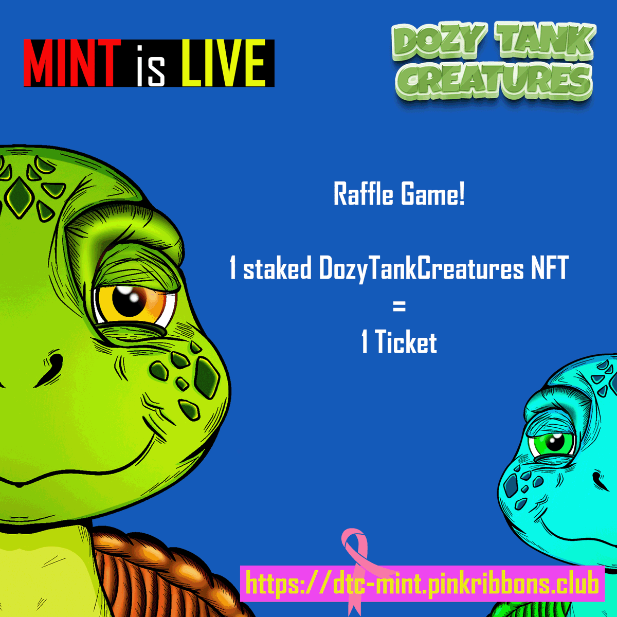 pinkribbonsclub's tweet photo. 🎉 We are excited to announce the upcoming Raffle game!
💰Win amazing prizes with your staked #DozyTankCreatures #NFTs. Each staked NFT counts as a ticket, so stake more for a better chance to win! 
#Raffle #NFT #Staking #NFTGiveaways #NFTCommunity #NFTFam #NFTCollection https://t.co/xlLzfGIPN0