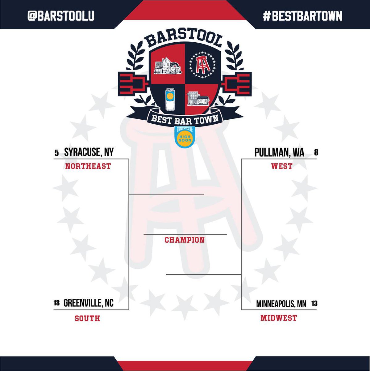 BarstoolU's tweet photo. THE STAGE IS SET. INTRODUCING THE FINAL FOUR!!

YOUR NORTHEAST CHAMPION: 
Syracuse, NY

 YOUR SOUTH CHAMPION: 
Greenville, NC

 YOUR MIDWEST CHAMPION: 
Minneapolis, MN

 YOUR WEST CHAMPION: 
Pullman, WA

#BestBarTown presented by @highnoonsunsips https://t.co/WV2nfyqHYP