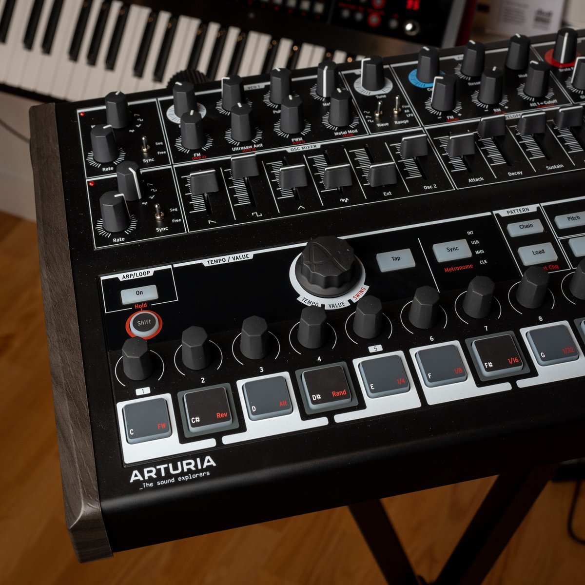 ChicagoMusicEx's tweet photo. Loaded with the Steiner-Parker multimode filter, a multi-wave oscillator, and sub-oscillator, the @ArturiaOfficial MiniBrute also comes with innovations such as the Brute Factor, Metalizer, Ultrasaw, and full USB, MIDI and CV. https://t.co/iKVXGnpRuM #Arturia #MiniBrute https://t.co/MsraiISNjA