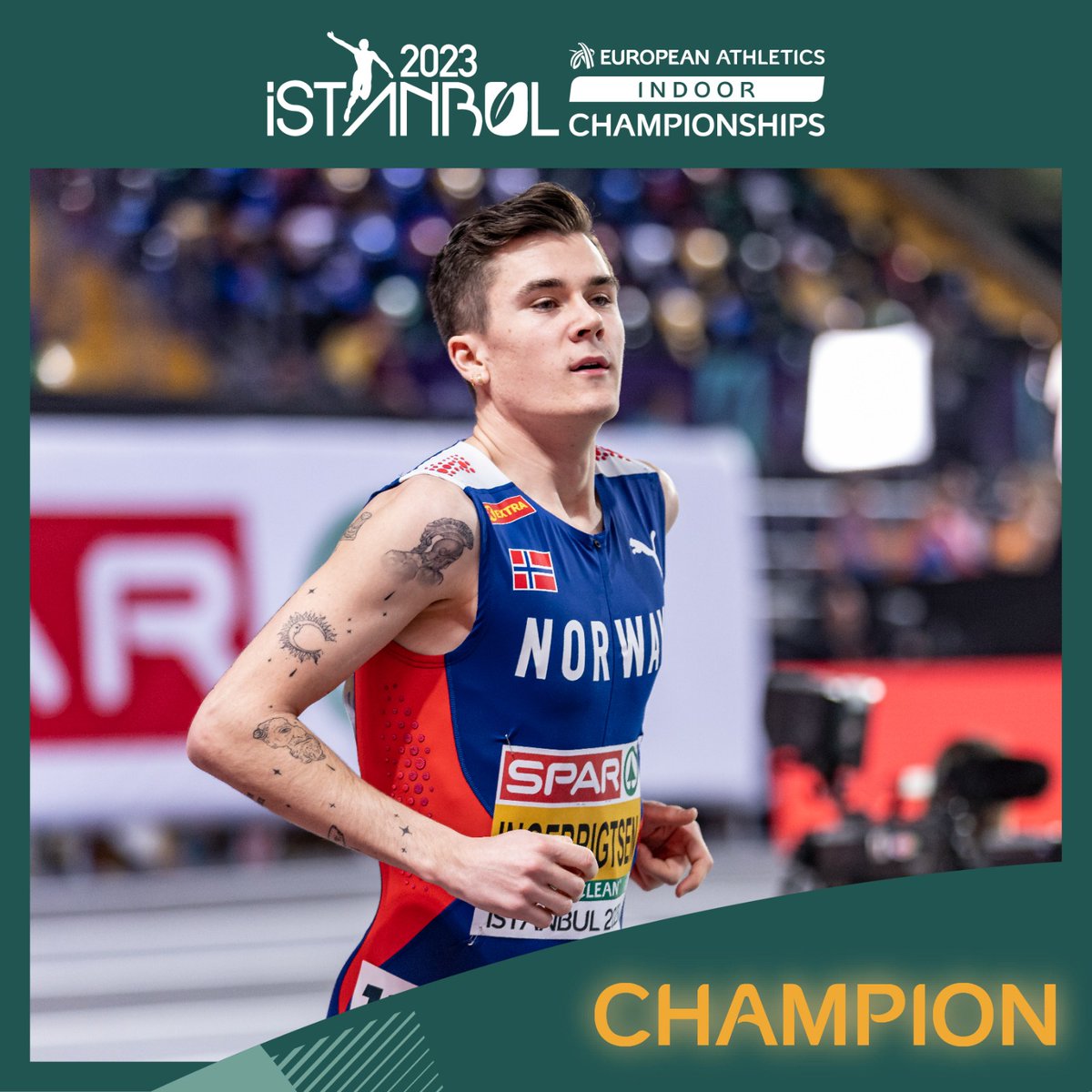 ✌️🇳🇴✌️1500m and 3000m titles defended perfectly by Jakob Ingebrigtsen as his 3000m final of a 7:40.32 performance erupted the crowd in Istanbul. 🥈Adel Mechaal (7.41.75) 🇪🇸 🥉Elzan Bibic (7:44.03) 🇷🇸 #EICH2023 #Istanbul2023 #Istanbul #EuroIndoor #protectnature #athletics