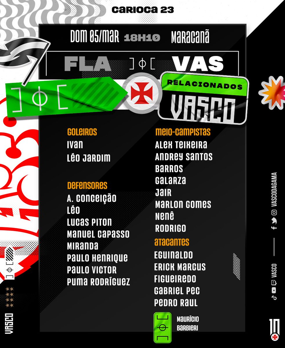 VascodaGama's tweet photo. 📋 Relacionados para o Clássico dos Milhões.

#FLAxVAS
#CariocaNaVascoTV
#VascoDaGama https://t.co/pDRiRr99or