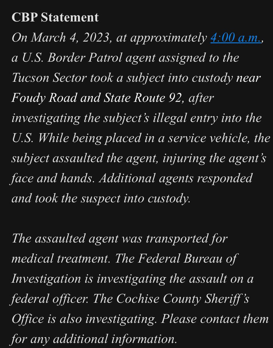 BillMelugin_'s tweet photo. NEW: Per federal sources, a female Border Patrol agent working solo was violently assaulted by a male illegal immigrant she was taking into custody in the Tucson, AZ sector early Saturday AM, leaving her with injuries.
CBP confirms assault in statement &amp; says FBI investigating. https://t.co/bHQmDN7LH7