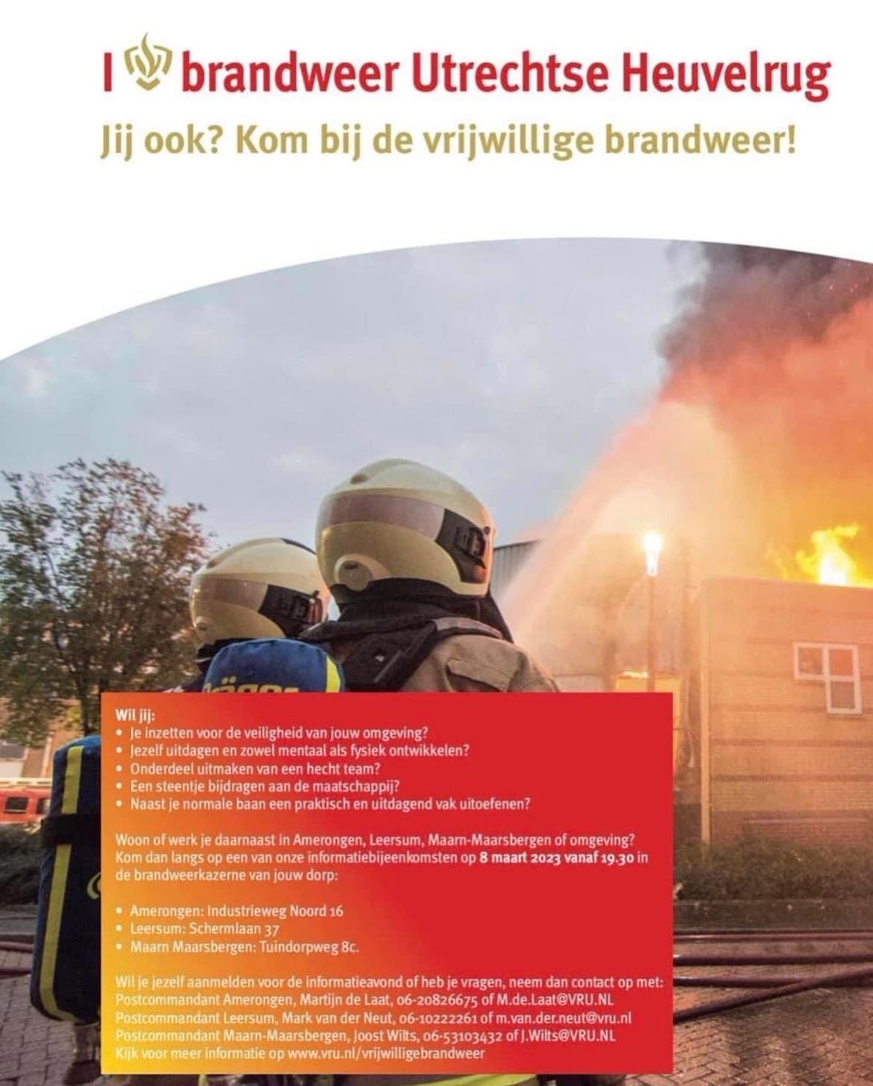Heb jij er weleens over nagedacht om vrijwilliger bij de Brandweer te worden ?!

Als je interesse hebt, kom dan naar onze informatie avond a.s woensdag in onze kazerne ! 

Opgeven voor deze avond kan bij ⁦<a href="/JoostWilts/">Joost Wilts (Postcommandant Brw Maarn-Maarsbergen)</a>⁩. Zijn gegevens staan hieronder⬇️

We❤️‍🔥 Brandweer 🔥🚒
