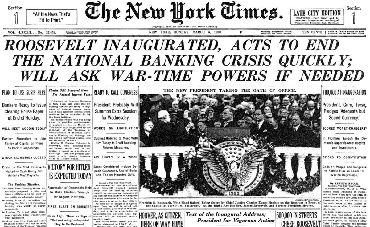 New York Times OTD on Twitter: "The front page #OTD in 1933. Franklin D. Roosevelt is sworn in ...