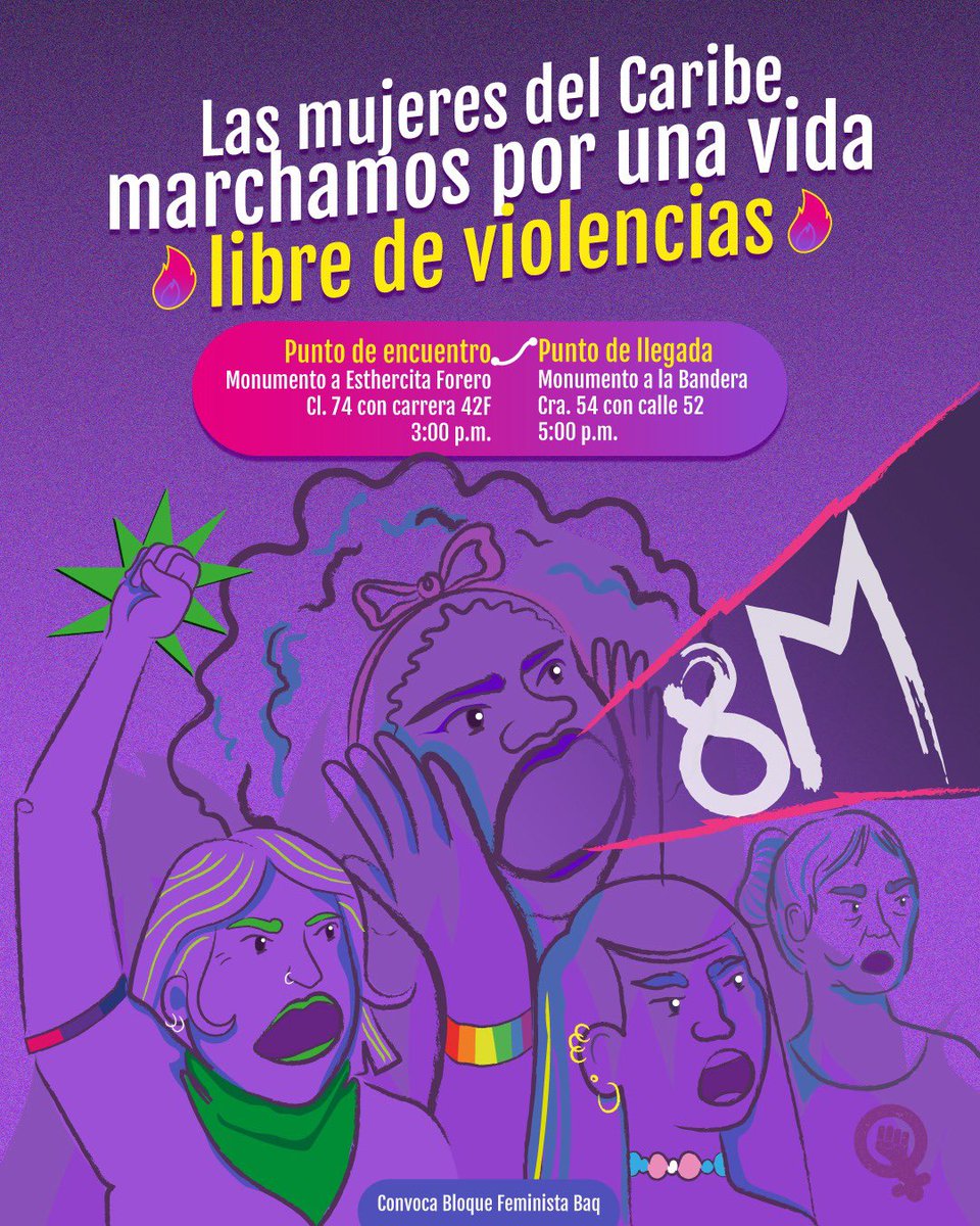bloquefeministx's tweet photo. Este #8M, volvemos a tomarnos las calles en una gran juntanza de mujeres para conmemorar el Día de las Mujeres Trabajadoras y por un Caribe libre de todo tipo de violencias.

¡Les esperamos! ✊🏽💜🔥 https://t.co/R6tDhlgrzf