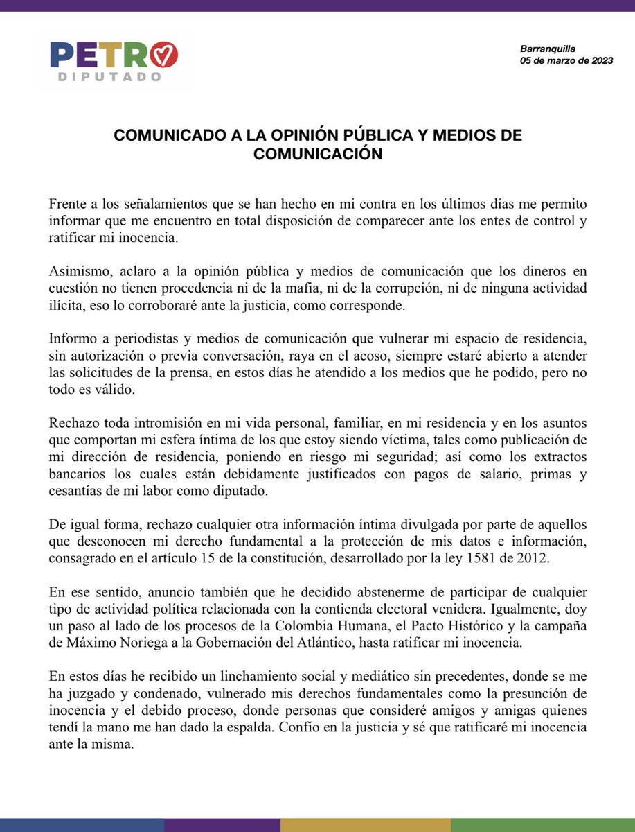 ExtraNoticiasCo's tweet photo. Atentos. Diputado @nicolaspetroB insiste en su inocencia y anuncia que está listo para comparecer ante las autoridades y defenderse frente a acusaciones sobre presuntos hechos de corrupción. @daysvasquezcdp .@FiscaliaCol ,@PGN_COL https://t.co/aXxKWxwXg5