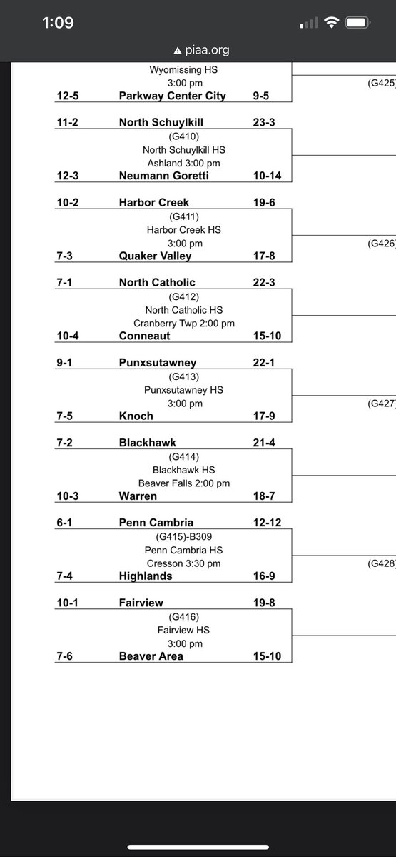 PIAA Class 4A State Playoff bracket with time is out!

We play at Punxsutawney 3:00pm (March 11). Ticket info will be updated at: piaa.org/sports/tickets… 

#ChargeOn